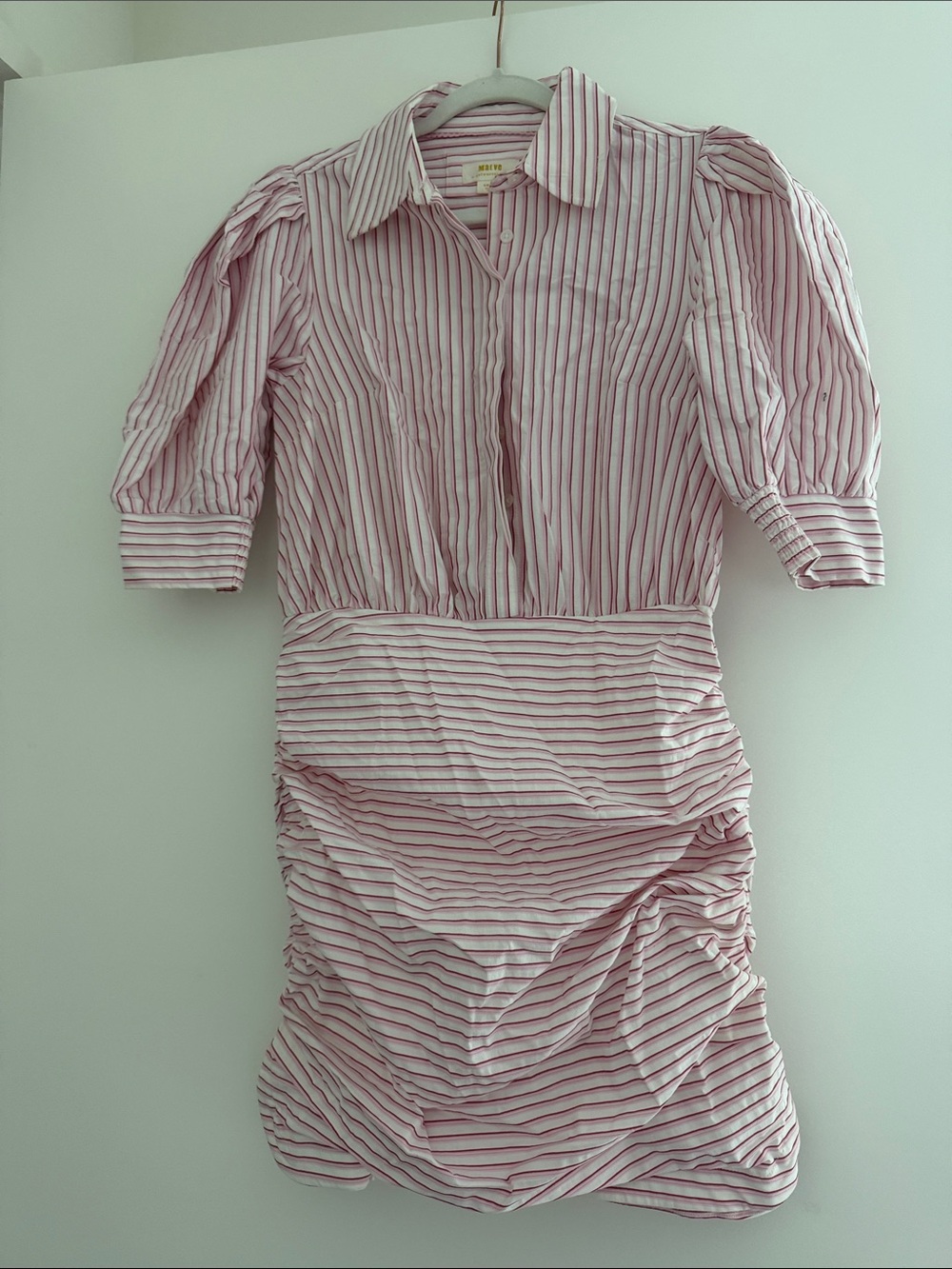 Maeve Pink and White Striped Puff-Sleeve Mini Dress, side zip with ruched bottom